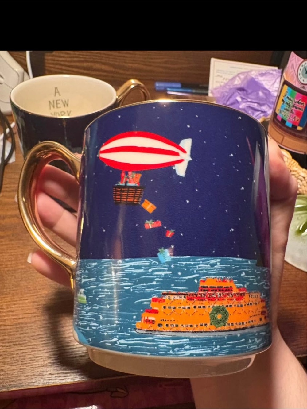 Anthropologie Navy Blue Ceramic Mug with Gold Handle and Red Airship